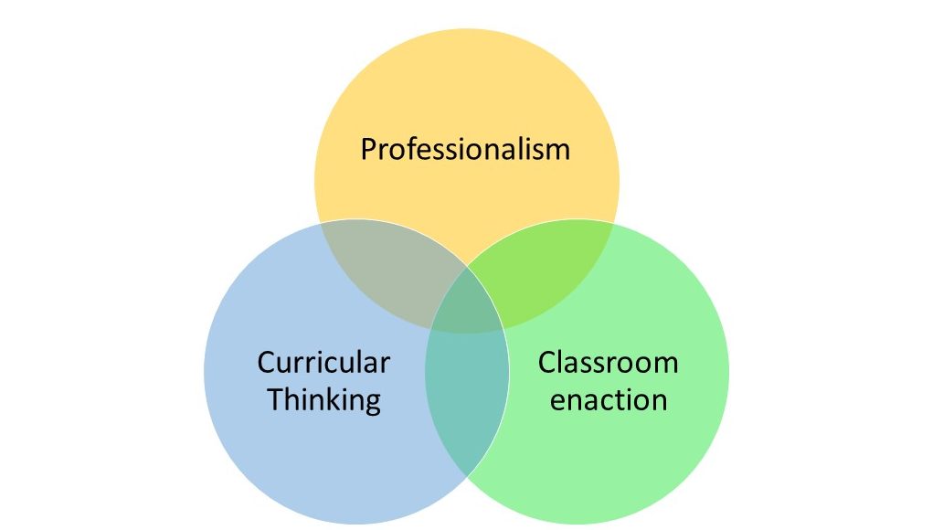 Venn diagram with three circles reading: professionalism, curricular thinking, classroom enaction
